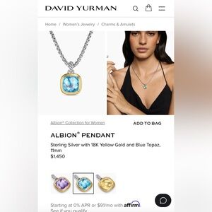 David Yurman Albion Pendant with Blue Topaz and Gold